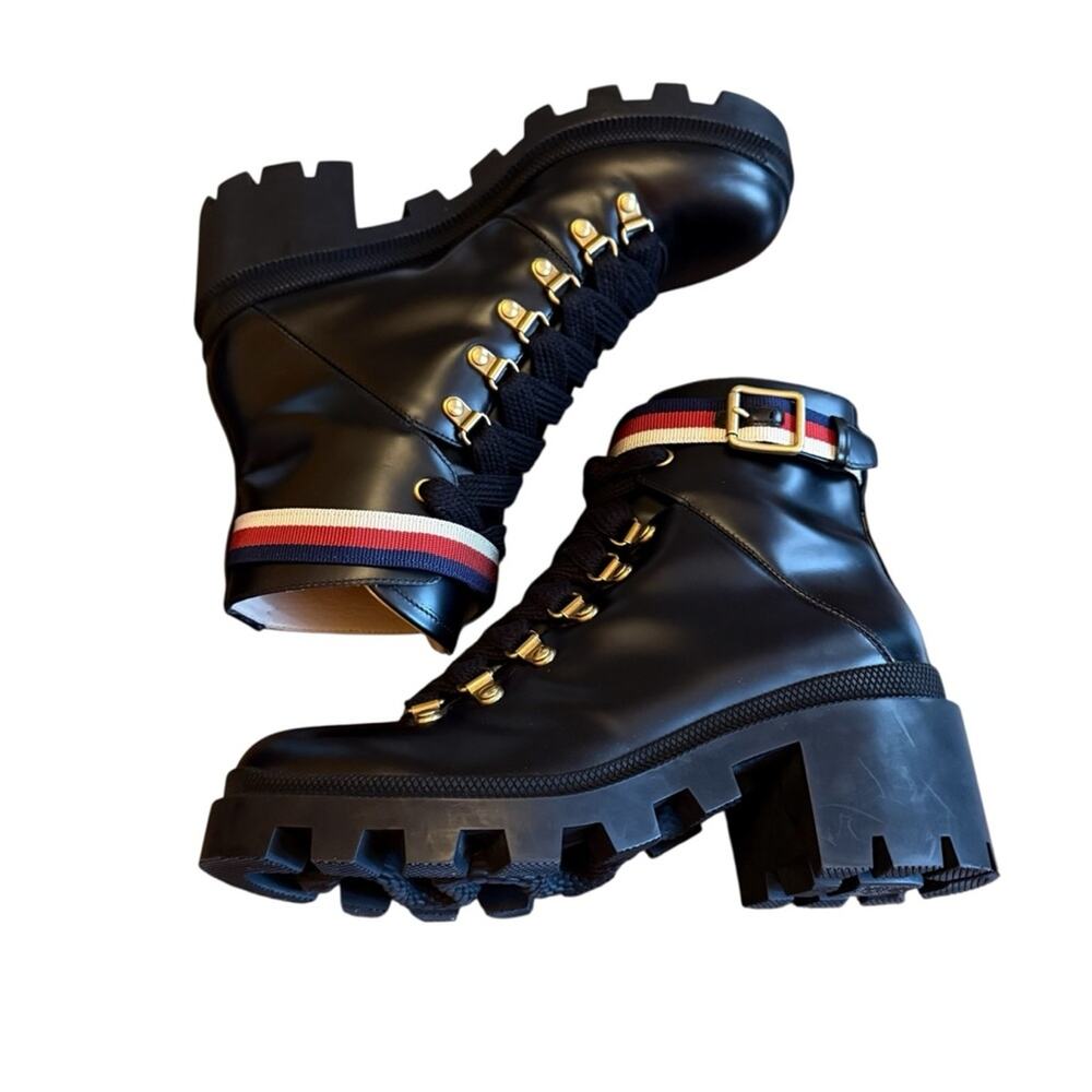 Gucci Magnum Leather Sylvie Web Lace Up Combat Boots EU 37 US 7